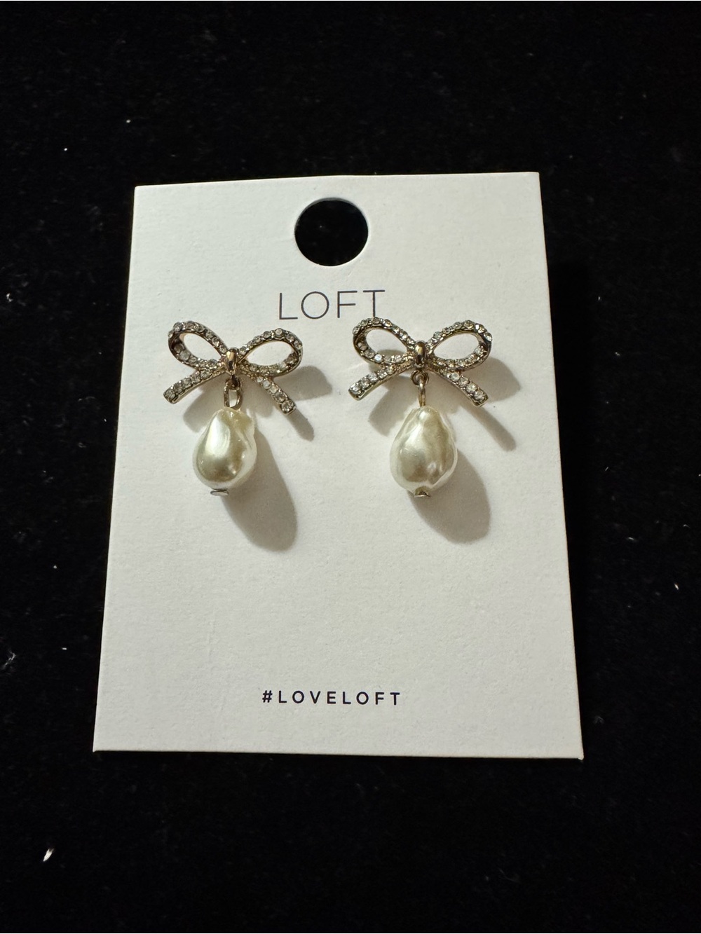 LOFT Gold Tone Bow Earrings with Pearl Drops and Clear Crystal Accents